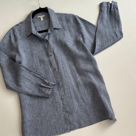 Eileen Fisher Organic Linen Blue Button Down Shirt - Picture 5 of 8
